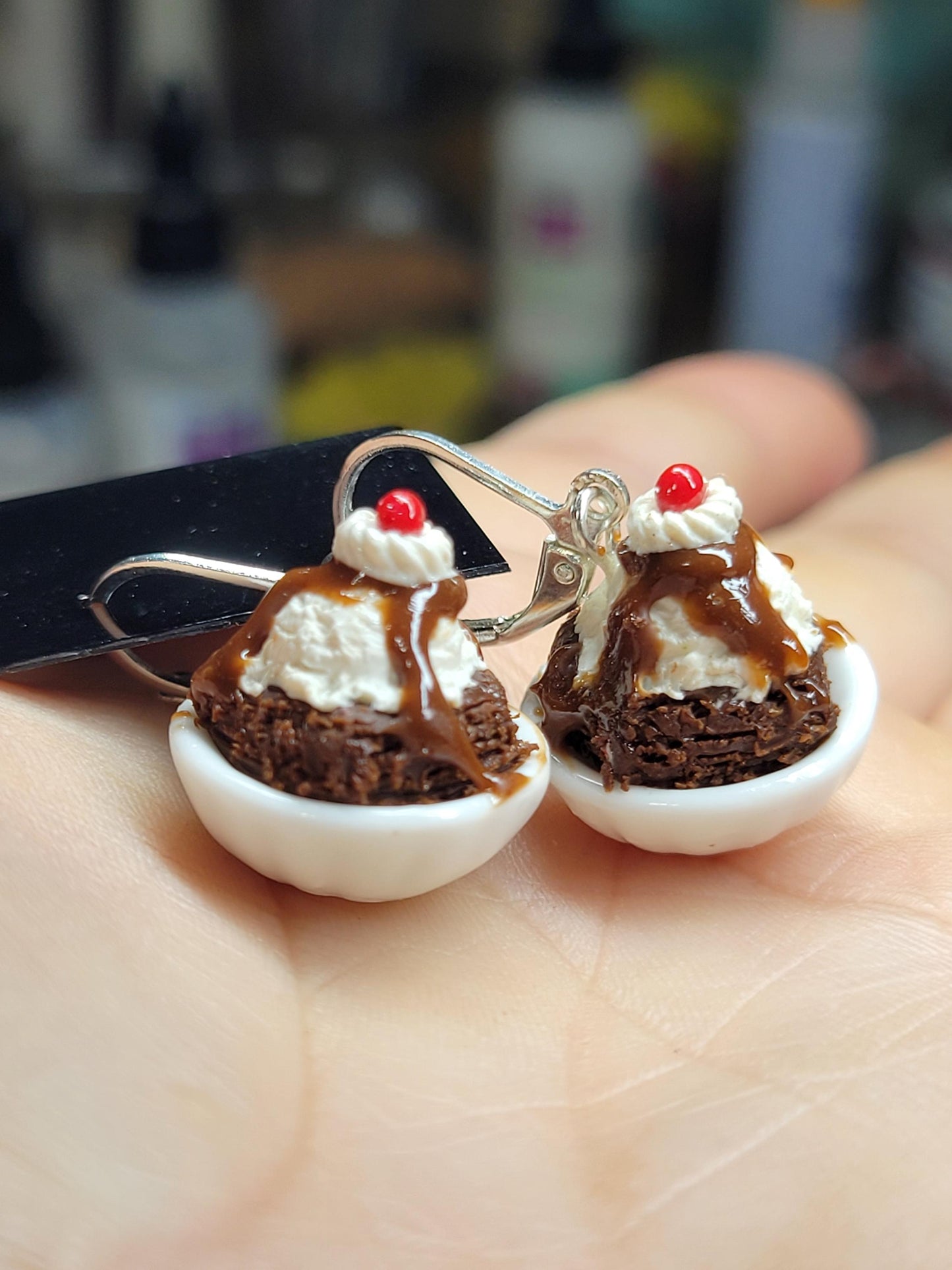 Brownie hot fudge sundae dangle earrings