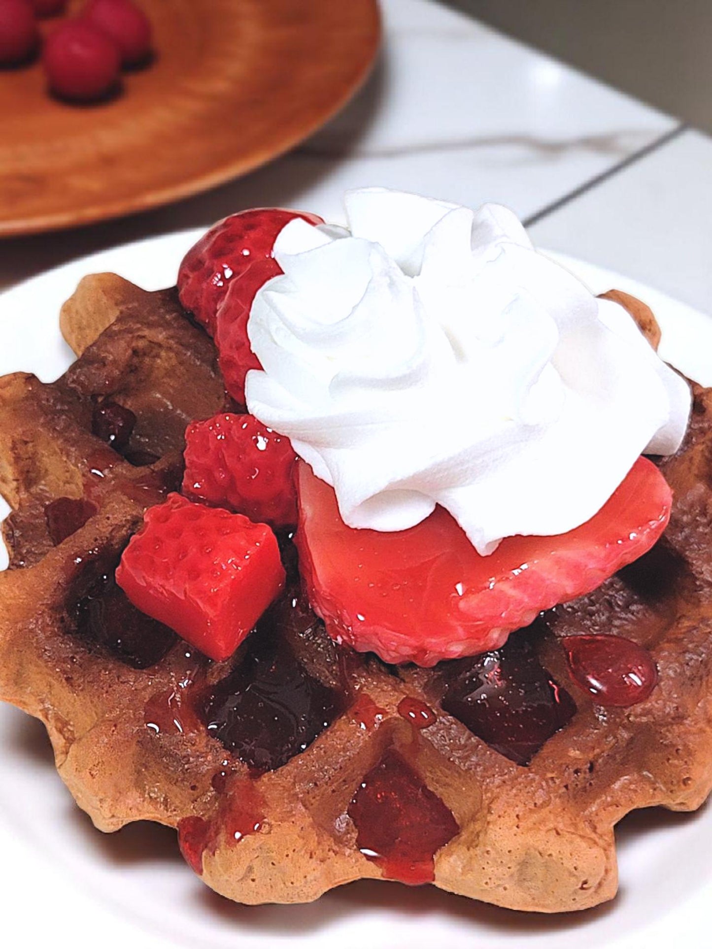 Zero calorie faux chocolate waffle with strawberries