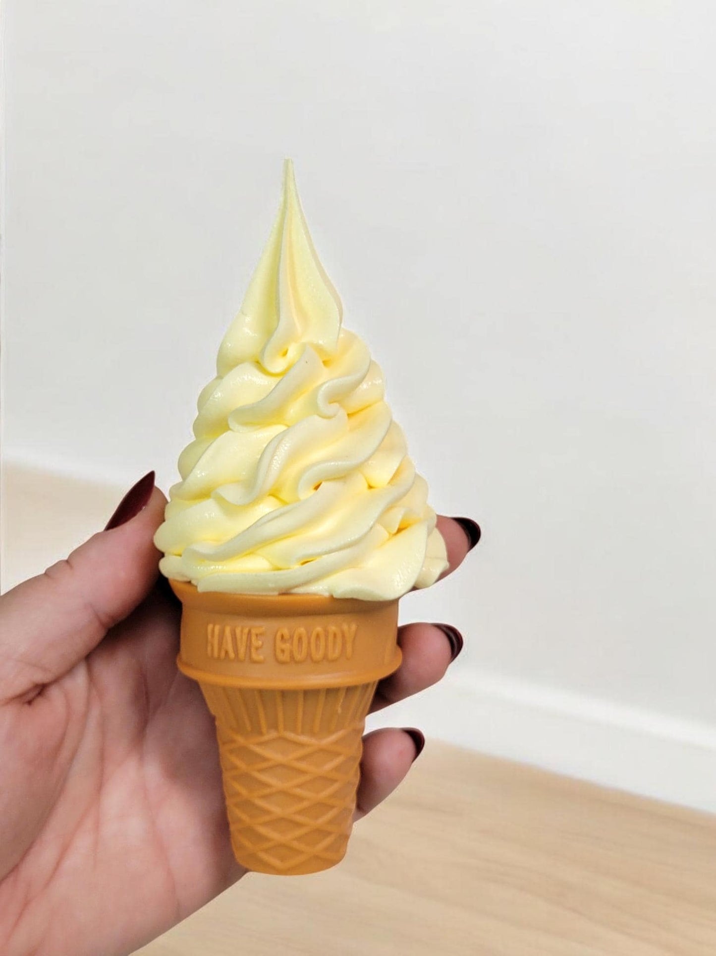 Zero calorie faux soft serve swirl ice cream cake cone